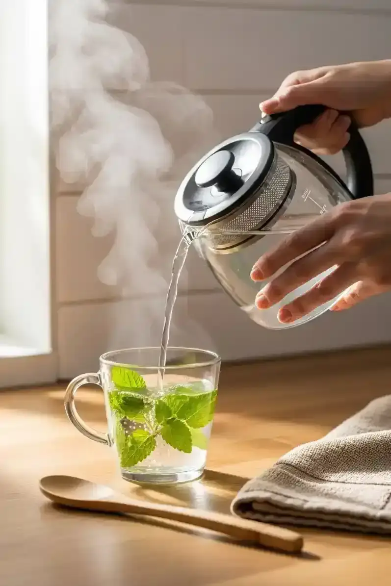Hands pouring hot water into a glass mug with lemon balm leaves — preparation process for the TastyMillions lemon balm weight loss tea.