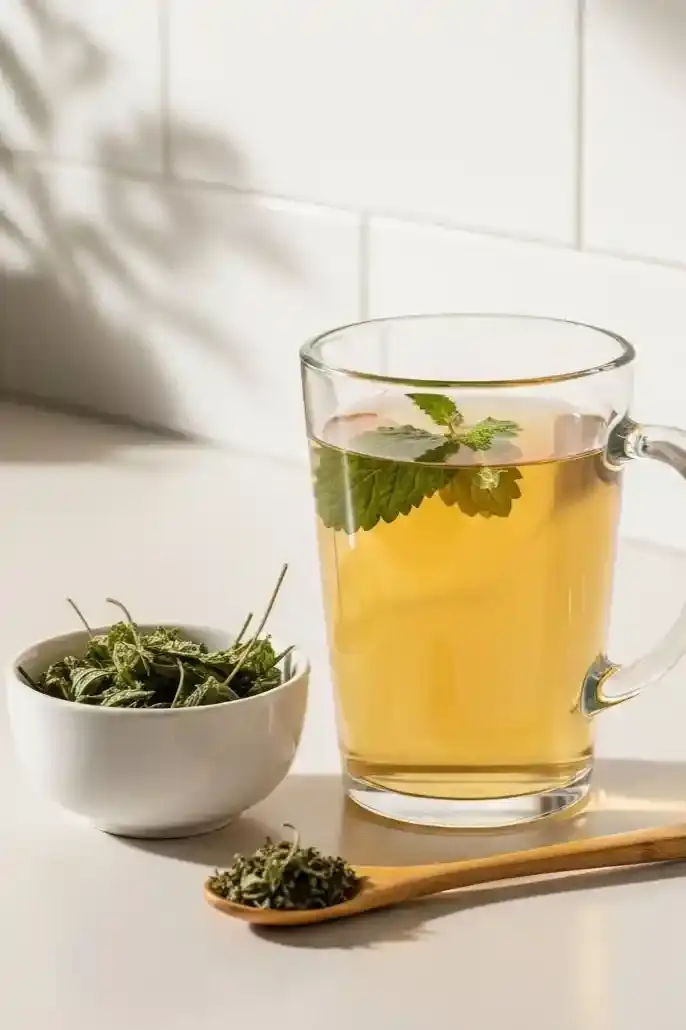 Measured portion of dried lemon balm leaves with a bamboo spoon and tea mug — used for the TastyMillions lemon balm weight loss guide.