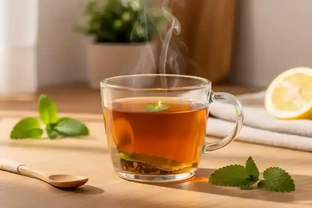 A clear glass mug of lemon balm tea on a light oak countertop — part of the TastyMillions lemon balm weight loss guide.
