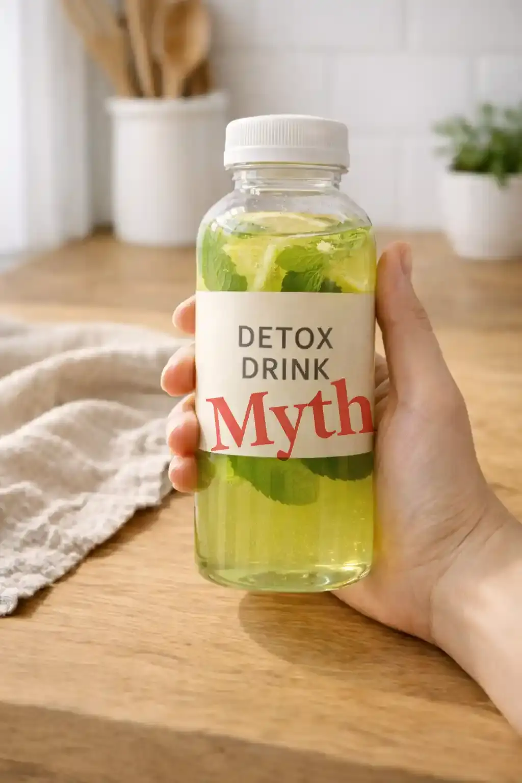 Hand holding a detox drink bottle labeled myth to illustrate weight loss drinks effectiveness.