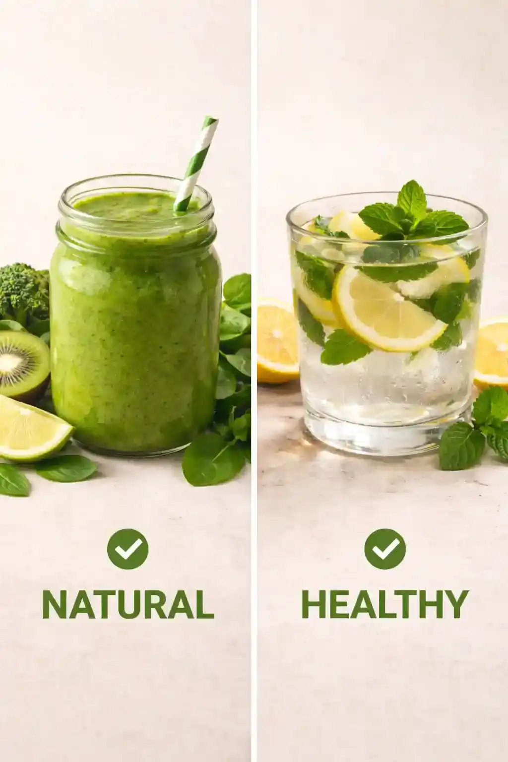 Comparison between a green smoothie and clear lemon water, showing that natural weight loss drinks aren’t always healthier.