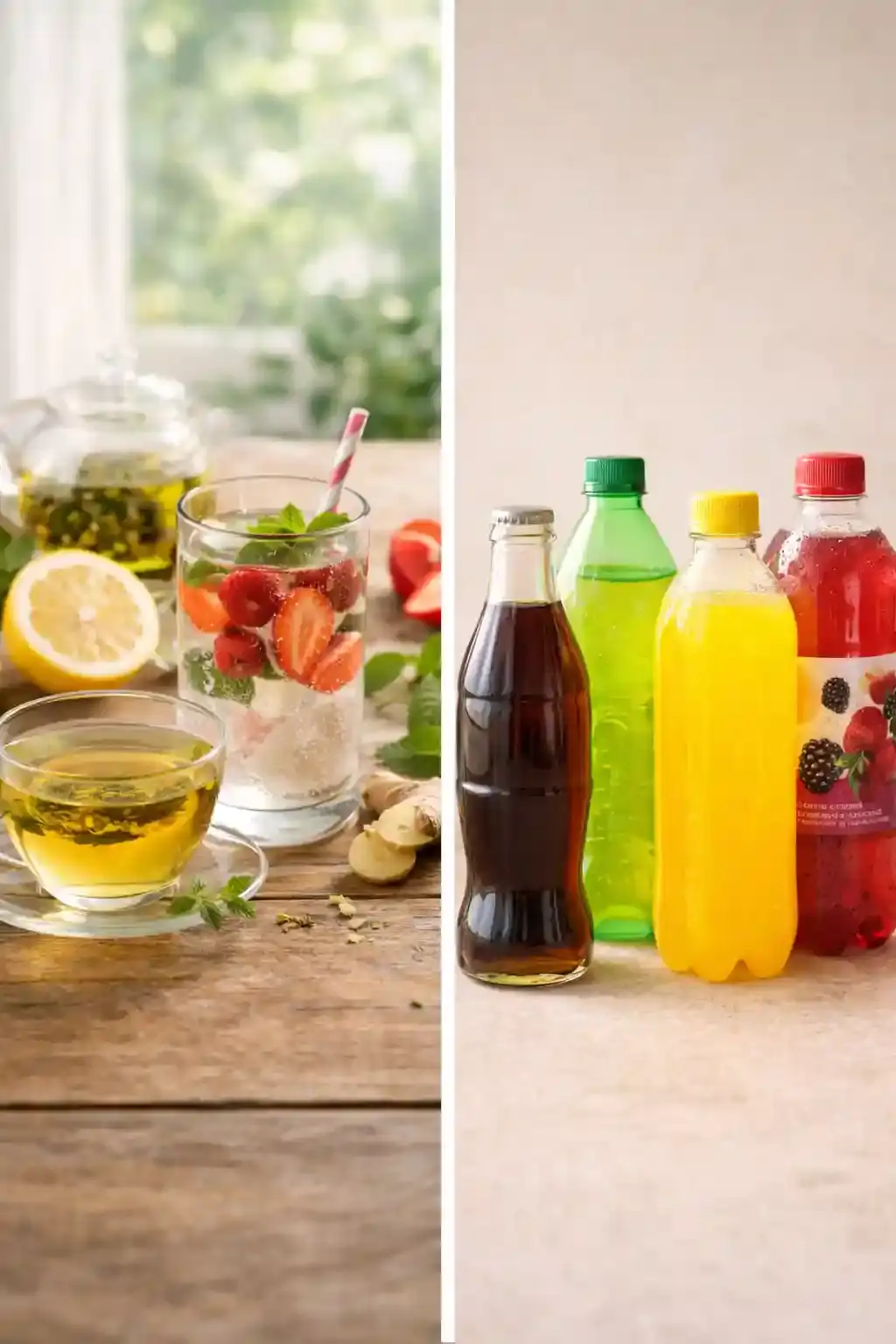 Natural drinks like fruit water and herbal tea compared to bottled processed beverages on a table.