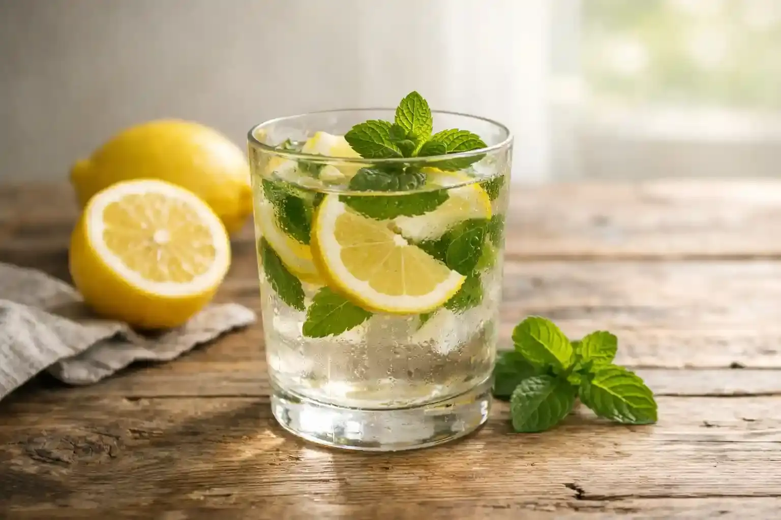 Glass of lemon and mint infused water on a wooden table, symbolizing natural weight loss drinks and healthy hydration.