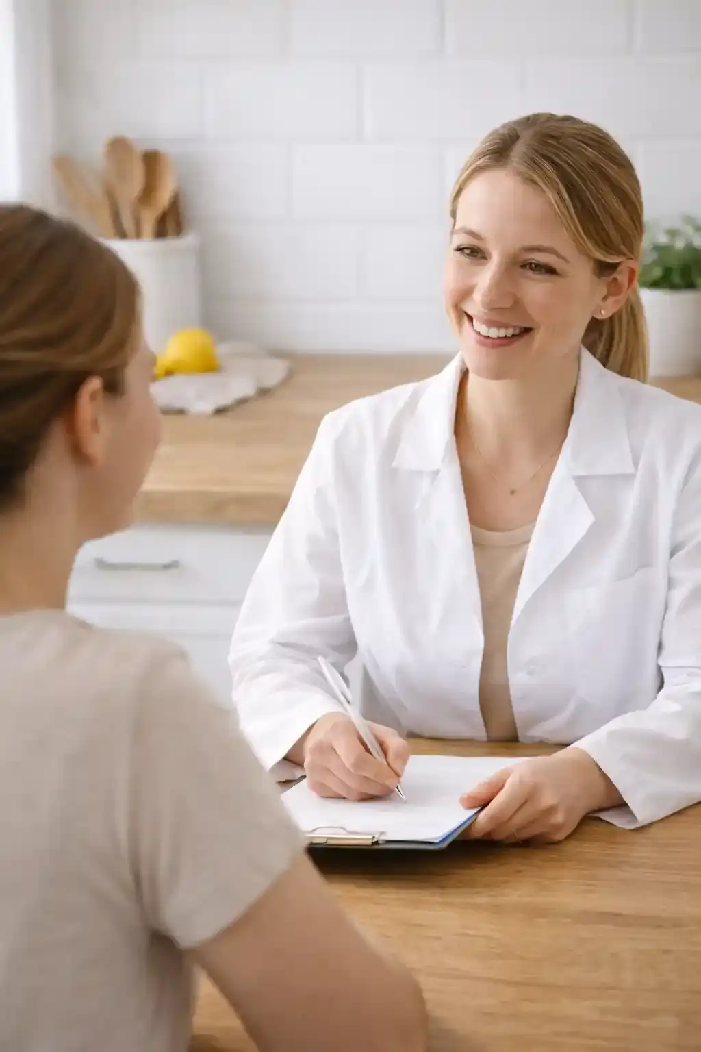 Nutrition consultation in bright kitchen discussing weight loss drinks effectiveness.