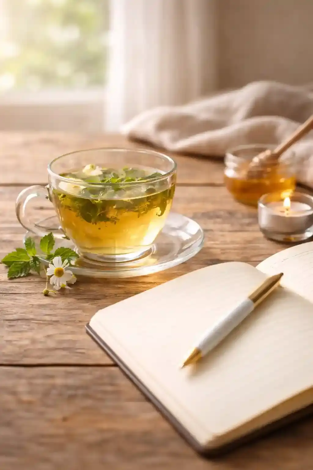 Cup of herbal tea beside an open notebook in natural light, symbolizing safe and mindful hydration habits.