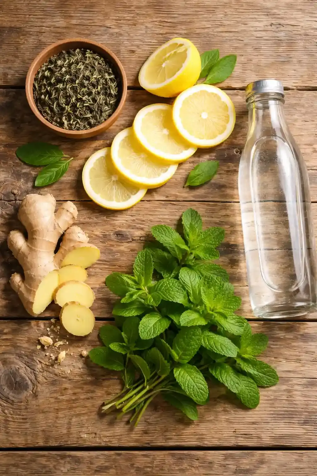 Ingredients like lemon, mint, and green tea displayed on a wooden table, showing what natural weight loss drinks really mean.