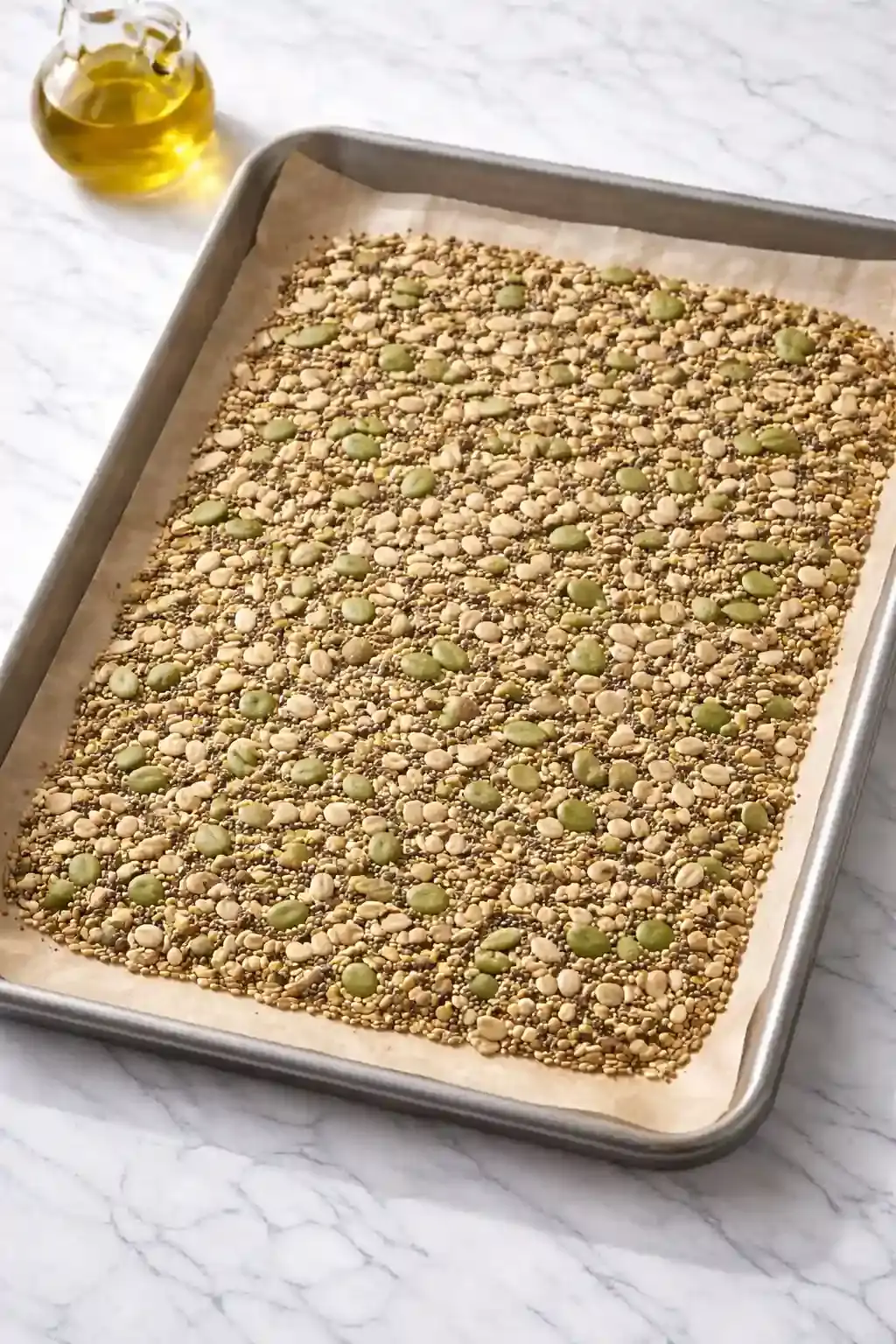Bariatric Seed Recipe – Roasting Step Bariatric seed mix spread on baking tray for light roasting