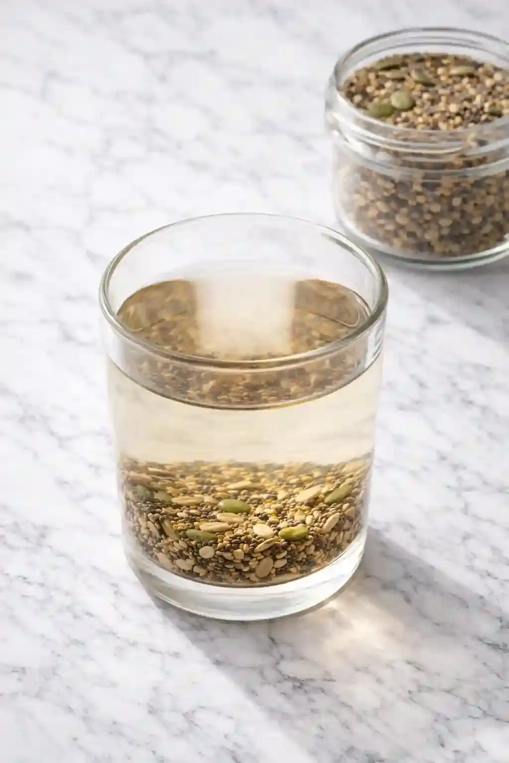 Bariatric Seed Ritual Drink Variation Bariatric seed mix soaking in warm water for drink variation